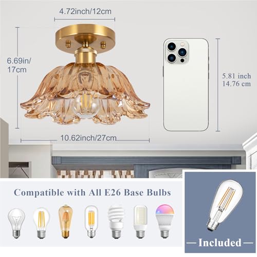 Image of Semi Flush Mount Ceiling Light,Vintage Lights Fixture Ceiling E26 Base,Amber Shade Glass Hallway Light Fixture for Porch Kitchen Bedroom, Bulb Included