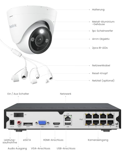 Reolink 12MP PoE Überwachungskamera Set Aussen, 8-Kanal NVR mit 2TB HDD für 24/7 Aufzeichnung und 4X Dome IP Kameras mit Personen-/Fahrzeugerkennung, 2-Wege-Audio, Spotlights, RLK8-1200D4-A