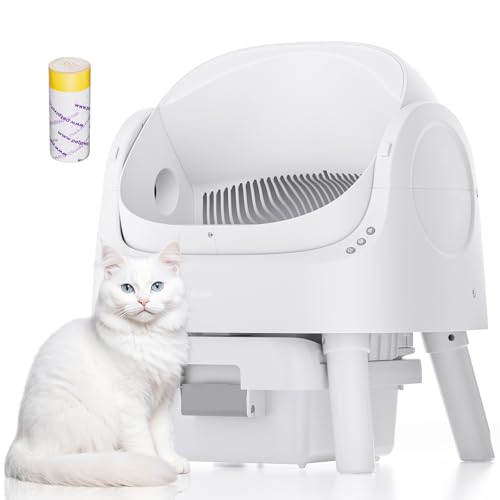 Automatic Litter Box, Open-Top Self Cleaing Litter Box with Safety Sensors and 10 L Waste Container, Suitable for Multiple Cats, White