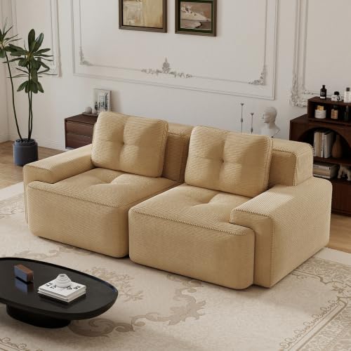 Image of 82 inch Modern Modular Boneless Couch for Living Room, 2 Seat, Soft Corduroy Fabric, Deep Seat Cloud sectional Sofa with Pearl Like Piping and Tufted Design, No Assembly, Anti Slip, Camel
