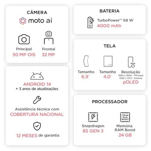 Smartphone Motorola Razr 50 Ultra - 512GB 24GB (12GB RAM+12GB Ram Boost) Tela dobrável 6,9