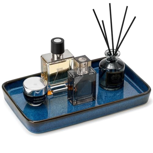 1061 Bathroom Vanity Tray for Countertop- Ceramic Decorative Organizer Tray for Dresser Tops Toilet Perfume Sponge Holder Soap Dish Dispenser for Kitchen Counter- Kiln-Transformed Blue
