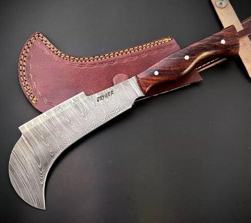Hand Forged Damascus Steel Billhook Machete Knife – Heavy Duty Sickle Garden Tool for Cutting Trees, Yard Work, Weeding, and Camping – Survival Machete with Leather Sheath and Belt Loop - Thumbnail 7