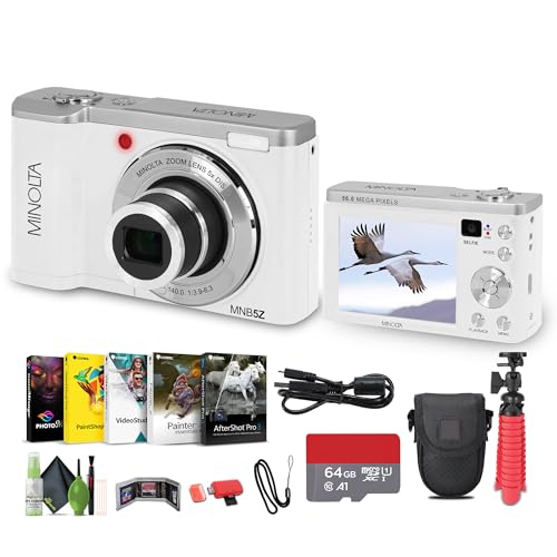 Minolta MNB5Z 56MP Dual Lens Point & Shoot Digital Camera with 5X Optical Zoom & 5K Ultra HD Video Bundle with 64GB Memory Card + Vlogger Tripod + Bag + Cleaning Kit + More Accessories (White)