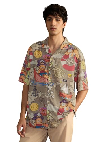 Image of The Souled Store Garfield: Pirate's Cove Men and Boys Short Sleeve Spread Collar Button Front Beige All Over Printed Rayon Oversized Shirts