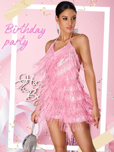 Image of Kaei&Shi Sequin Fringe Romper,Sparkly Glitter Metallic Jumpsuits For Women,Backless Shorts Dress Disco Birthday Dance Outfit