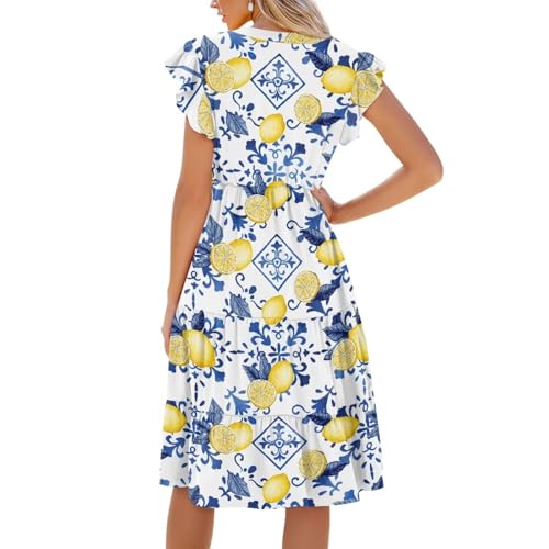 Image of Womens Summer Dress Ruffle Sleeve V Neck Dress Casual Fit Flowy Beach Vacation Sundress with Pocket S-2XL