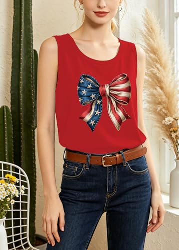 Image of 4th of July Bow Tank Top Women-Vintage American Bow Sleeveless Shirt USA Flag Tee Top Patriotic Tank Top