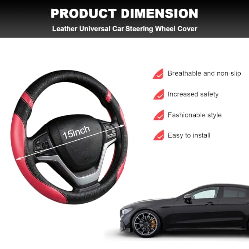 Image of Car Steering Wheel Cover, 15 Inch Premium Leather Breathable Non-Slip Wheels Wrap, Universal Auto Comfortable Steering Wheel Protector for SUV Truck Van, Car Accessories (Rose Red)