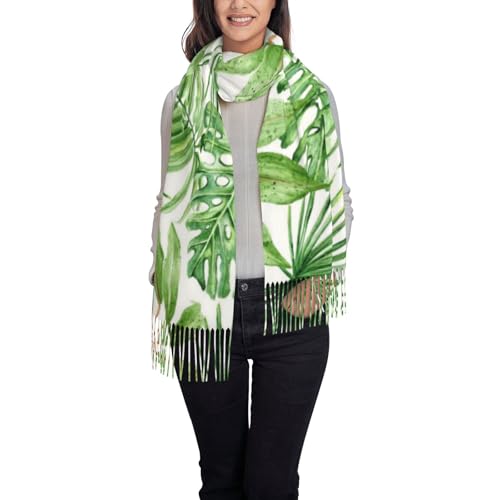 Écharpe noire à franges motif feuilles tropicales pour femme en taille unique
