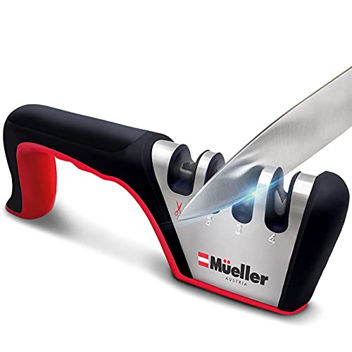 Mueller 4-in-1 4-Stage Best Knife Sharpener for Hunting, Heavy Duty Diamond Blade Really Works for Ceramic, Steel Knives and Scissors Mueller 4-in-1 4-Stage Best Knife Sharpener for Hunting, Heavy Duty Diamond Blade Really Works for Ceramic, Steel Knives and Scissors