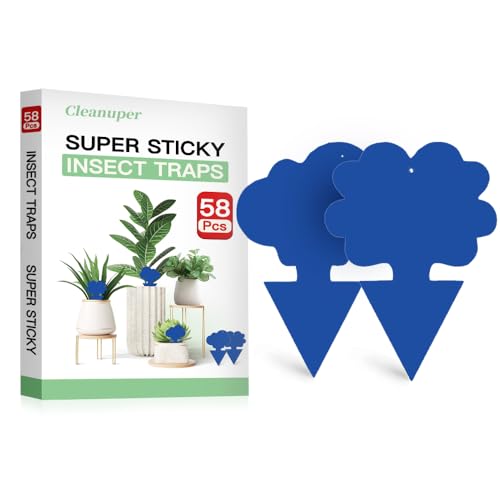 Cleanuper 58 Pack Gnat Killer Sticky Traps for Plants - Blue Fungus Gnat Sticky Trap for Indoor Houseplants Fruit Flies Whiteflies Aphids - Family Friendly Design Flower and Cloud Shapes