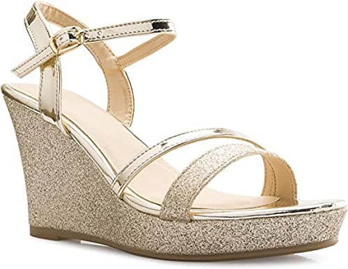 Forever FQ22 Women's Glitter Strappy Wrapped Wedge Heel Platform Sandals, Gold-1, Size 7.53