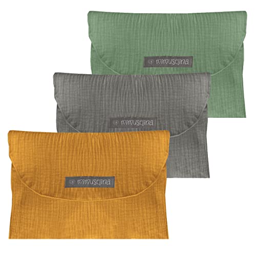 MIMUSELINA. Pack Bolsas guarda muda bebé impermeable. Guardamuda para ropa bebe. Porta muda bebes muselina recién nacido. (Menta-Mostaza-Gris)