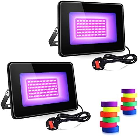 2 Pack 30W UV Flood Black Light, IP67 Waterproof High Power LED Black Lights with Fluorescent Tape, 395nm-405nm Blacklight with 3.9ft Cable and Plug for Stage Lighting, Club, Aquarium, Body Paint.etc.
