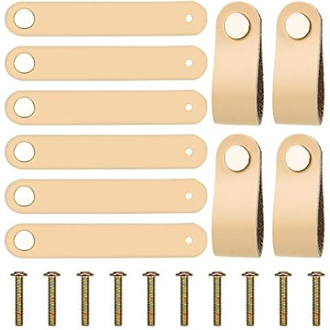 Aprilye 10 Pcs Leather Furniture Handle, Leather Drawer Handles with 2.2 cm Screws for Modern Style Drawer Furniture Cupboard - 70 mm, Single Hole Beige Cover
