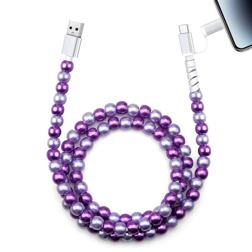 Aolcev USB C Cable for iPhone Charging Cord 3.3FT 2 in 1 Multi Cute Beaded Phone Charger MFi Certified USB A to USB C and IOS Fast Charging Cable Type C Charger Cord for iPhone 16 15 14 Pro Max Purple