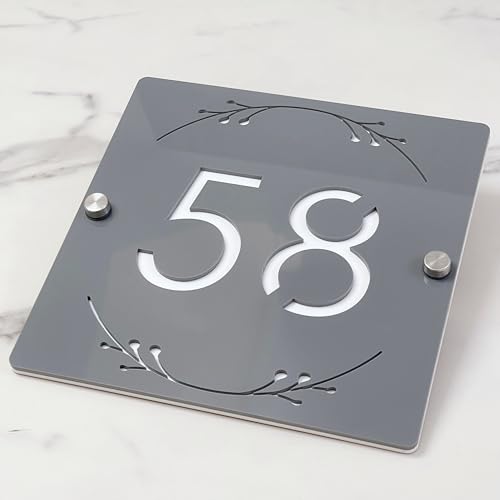 3D Hollow Acrylic House Number Sign with Ornamental Floral Design – Custom Laser Engraved Address Plaque for Wall, Matte Finish Floating Door Number Plate (Gray white)