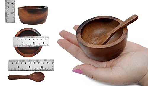 Miniature Doll Size Tiny 2¾" Dia Acacia Calabash Wood Bowl For Condiments, Dip Sauce, Nuts, Ketchup, Jam, Herb, Prep, Olive, Salsa, Round Wooden Brown Bowl 2.75"X1.5" H Set Of 4 (Free 4 Wood Spoons) #TOP1