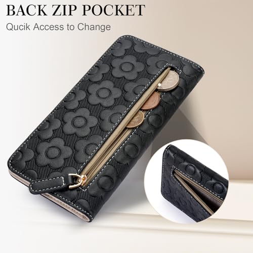 Ultra Slim Thin Wallet Women 3D Embossed Flower Leather Womens Wallet RFID Blocking Credit Card Holder Bifold Clutch Long Ladies Billfold Wallet for Women Black2