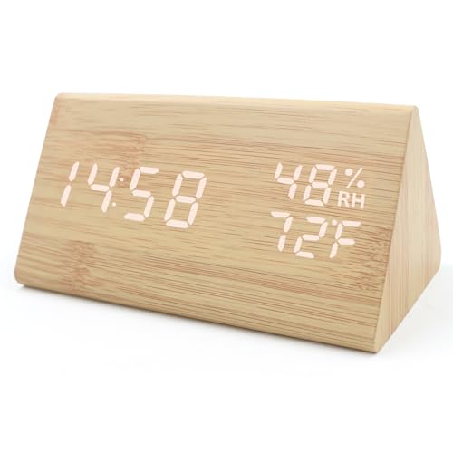 KESHIDE Wooden Digital Alarm Clocks for Bedrooms - Electric Desk Clock with Large Numbers DC Port Loud Alarm for Heavy Sleepers Adjustable Volume Dimmer Wood Dcor Adapter Powered