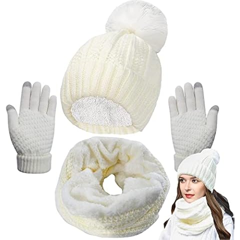 Joligiao 3 in 1 Hat Scarf and Gloves Sets Winter Warm Beanie Hat Scarf Set and Touchscreen Gloves for Women Thick Thermal Fleece Lined Knitted Pompom Beanie Cap and Long Loop Neck Warmer for Outdoor Cover