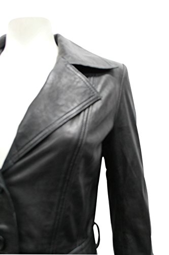 Trench pour mesdames en cuir véritable noir classique mi-long