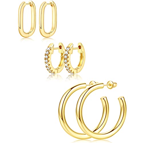 Adoyi Gold Hoop Earrings Set For Women, 14K Real Gold Plated Chunky Open Hoops Hypoallergenic Small Cubic Zirconia Huggie Hoop Earrings For Girls Gift Lightweight #TOP10
