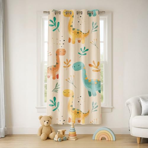 Image of STITCHNEST Velvet Kids Curtains Pack of 2 | Cute Dinosaur Jungle Print | Semi Blackout Curtains for Baby, Toddler & Nursery Room | 5 Feet