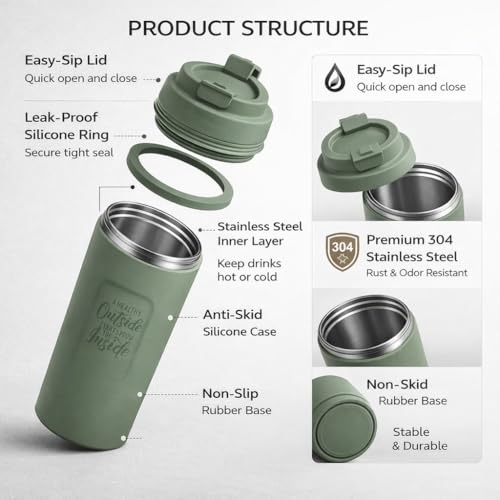 Image of SMAX 450ML Travel Coffee Mug with Lid | Reusable Leak Proof Tea & Coffee Cup for Office, Car & Travel | Portable Vacuum Tumbler for Hot & Cold Drinks | Green
