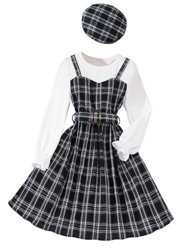 Hilinker Girls Plaid Ruffle Long Sleeve Dress Ribbed Belted Pleated Dresses with Hat