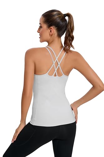 RUNNING GIRL Yoga Tank Tops for Women Built in Shelf Bra B/C Cups Strappy Back Activewear Workout Compression Tops (BX2288_Ice Grey,L)