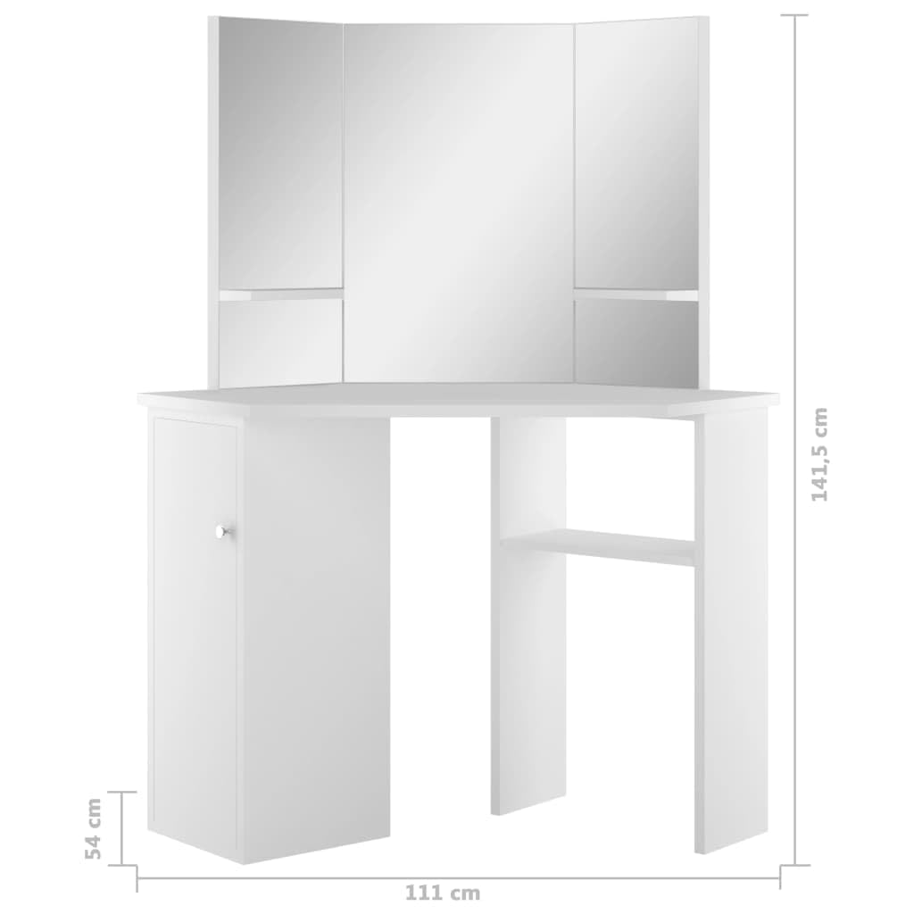 Tocador esquinero blanco de MDF con espejo de 3 piezas, espacio de almacenamiento y estante, mesa de maquillaje compacta para dormitorio, habitación de niña y baño