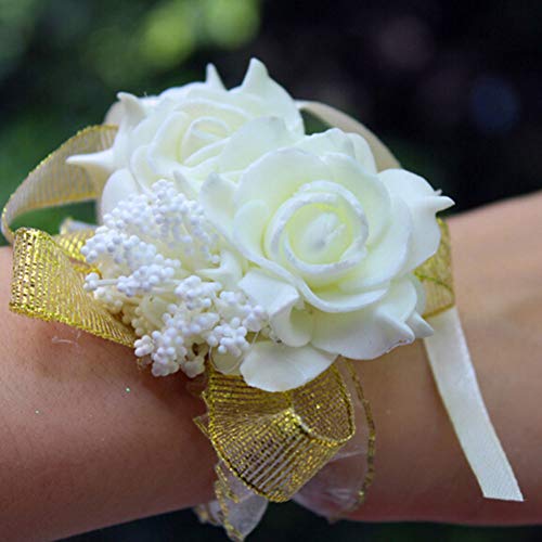 heDIANz Wrist Corsage Foam Rose Flowers Bridal Bridesmaid Wedding Party Ribbon Bracelet White