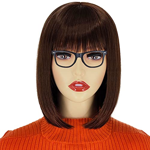Velma Wig Short Brown Bob Wig with Bangs Velma Scooby Doo Costume Wig for Women Velma Wig and Glasses for Party Halloween CJ006BR