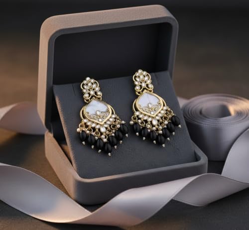 Image of Traditional 20K Gold Plated Kundan Chandbali Earrings with Black Beads and Faux Pearls for Women - Ethnic Wedding & Partyy Wear Statement Jewelry