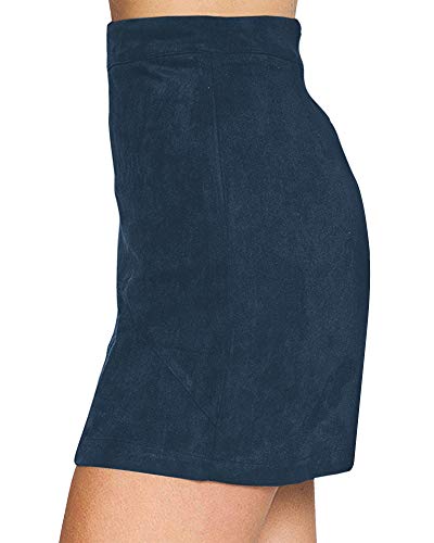 Image of MANGOPOP Women's Basic Faux Suede High Waist A-line Mini Pencil Bodycon Skirt (A03 Navy Blue, Medium)