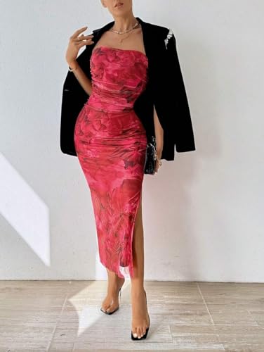 Image of LIGHT DOT Women's Summer Dress Printed Strapless Tube Bodycon Maxi Side Slit Mesh Layered