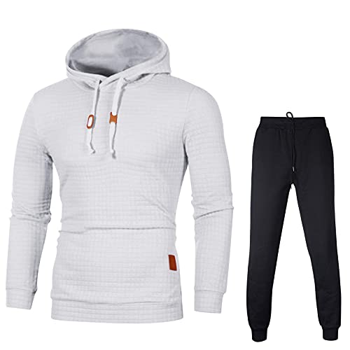 WWWSS Chándal Completo de otoño invierno para Hombre 2 Piezas Conjunto Ropa Chandal de Sudadera Cárdigan de Manga Larga con Capucha y pantalones elásticos con cordón (Blanco, S) Cover
