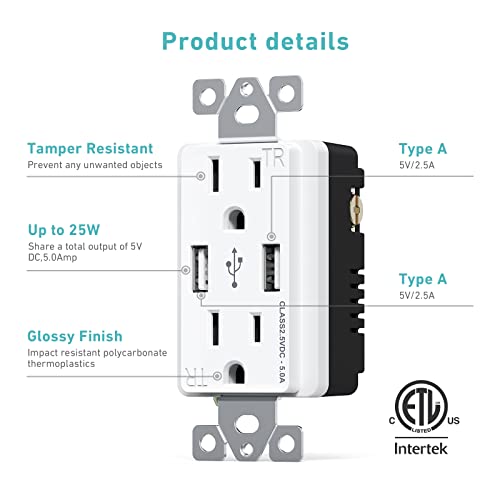 Webang Usb Wall Outlet, 5.0 Amp 2-Ports Usb Charger Outlet, 15A Duplex Tamper-Resistant Receptacle, Screwless Wall Plate Included, Etl Listed, White, 6 Pack #TOP2
