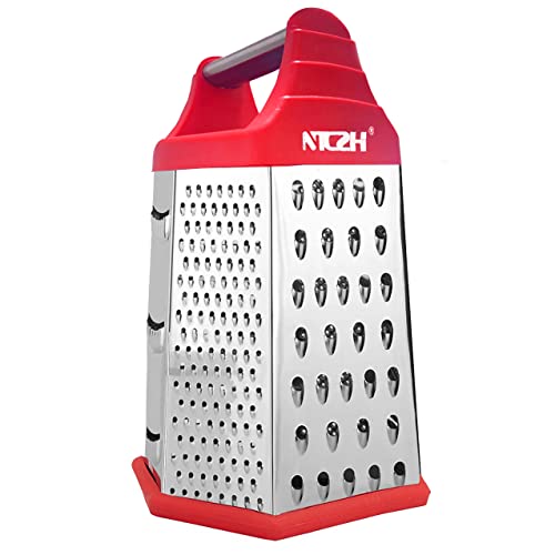 NTCZH Cheese Grater, 6-Sided Stainless Steel Grater, Food Shredder with Handle, Kitchen Grater for Parmesan Cheese, Ginger, Vegetables, RED