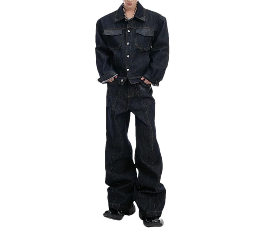 Pohullan Men Denim Sets Pu Leather Patchwork Solid Lapel Single Breasted Coats Straight Leg Jeans3