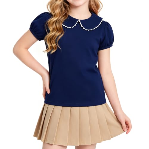ZFZDRen 12M-14Y Toddler Baby Girls Peter Pan Collar Blouse Kids Girl Solid Color Puff Sleeve T-Shirts Casual Tee Tops (Short Navy Blue, 4-5 Years)