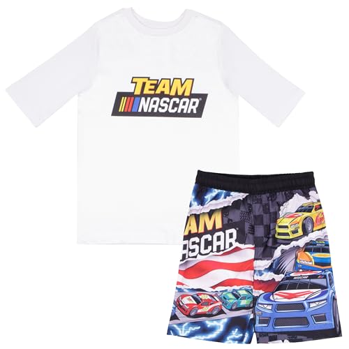 NASCAR Boys 2-Piece Swim Set - Short Sleeve Rash Guard Swim Shirt and Matching Swim Trunks Bundle for Kids