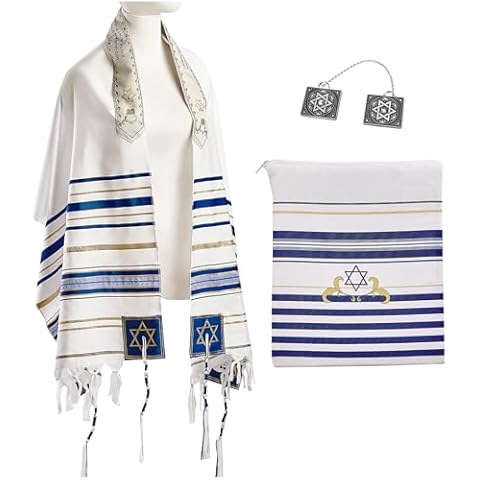 BRTAGG Tallit with Clips and Bag, Prayer Shawl with David of Star, 70"x 20" Jewish Gifts Cover