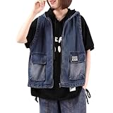 BXCNCKD Korean casual hooded denim vest women's oversized loose casual outerwear vest fashion short jacket (Blue,XXL(154-176ib))