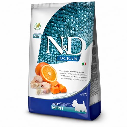 N-D Crocchette Cane Adulto Mini con Merluzzo, Zucca e Arancia, Mangime Secco Grain Free per Cani di Taglia Piccola con Pesce e Fibre, 12 kg