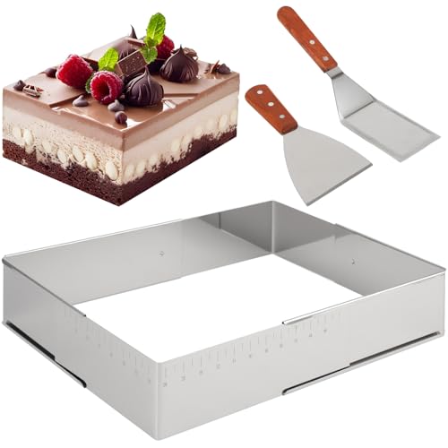 Adjustable Rectangular Cake Ring with 3-Edge & Angled Scrapers, Stainless Steel Mousse Cake Ring Mould for Tiramisu, Retretractable Sheet Frame with Precise Scale for Baking Pastries