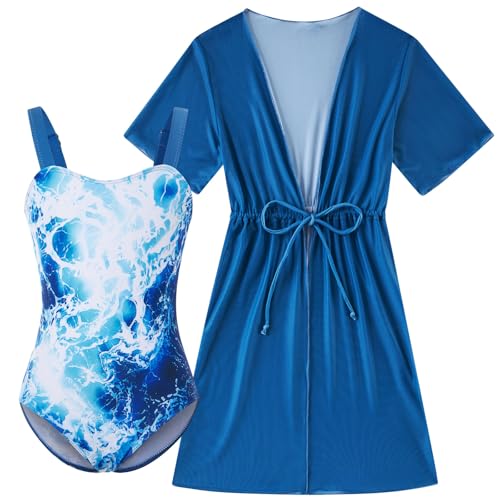 Image of Funnycokid Girls Bathing Suits One Piece Swimsuit with Cover Up Kids Swim Suit Size 8-16