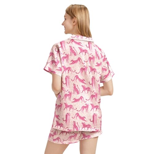 Image of Funny Pajamas for Women Set Print Satin Loungewear Pjs Short Sleeve Button Down Top and Shorts Sets Sleepwear XS-3XL